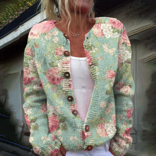 Stilla | Elegant Cardigan Uden Krave, Lange Ærmer, Blomstret Mønster