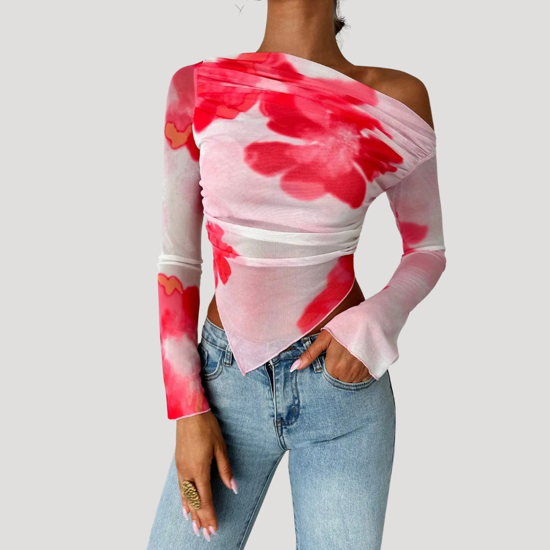 Stilla | Off Shoulder Blomster Mesh Top