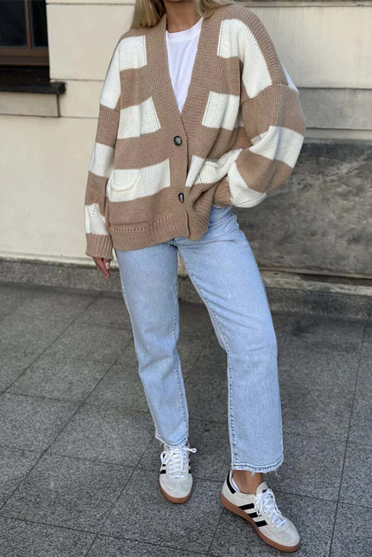 Stilla | Stribet Casual Cardigan Med Lange Ærmer, Lommer Og V-udskæring