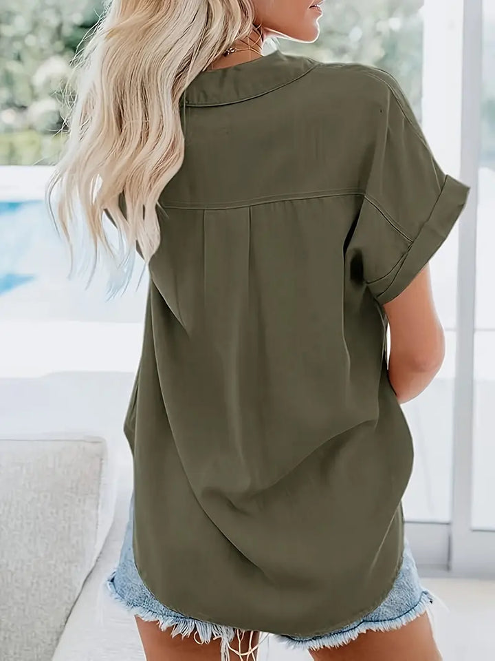 Stilla | Bluse Med Kort Ærme, Krave Og Knapper Olive Green