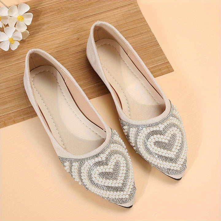 Stilla | Chic Dame Slip on Flats Med Hjerte Pearl & Strass, Elegante Sommer Flats