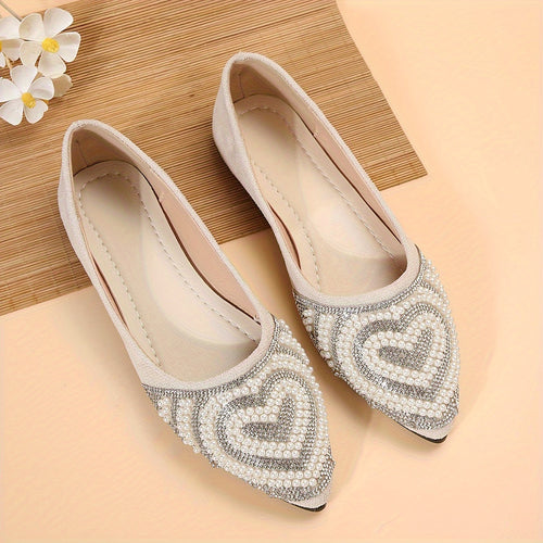 Stilla | Chic Dame Slip on Flats Med Hjerte Pearl & Strass, Elegante Sommer Flats