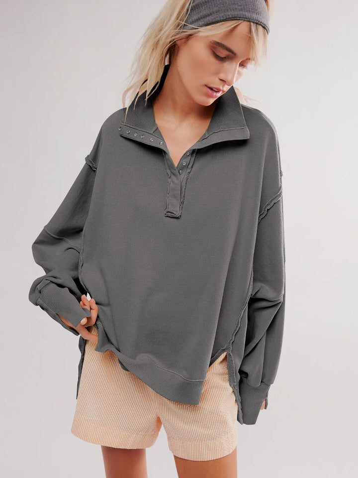 Stilla | Casual Sweatshirt Med Skipperkrave, Knaplukning Og Puffærmer