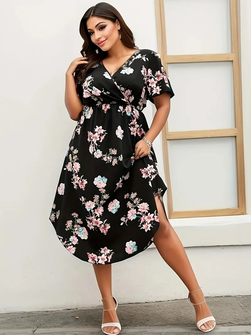 Stilla | Store Størrelser Elegant Maxi Kjole Sort Blomsterprint, Flagermus Ærmer V-Hals