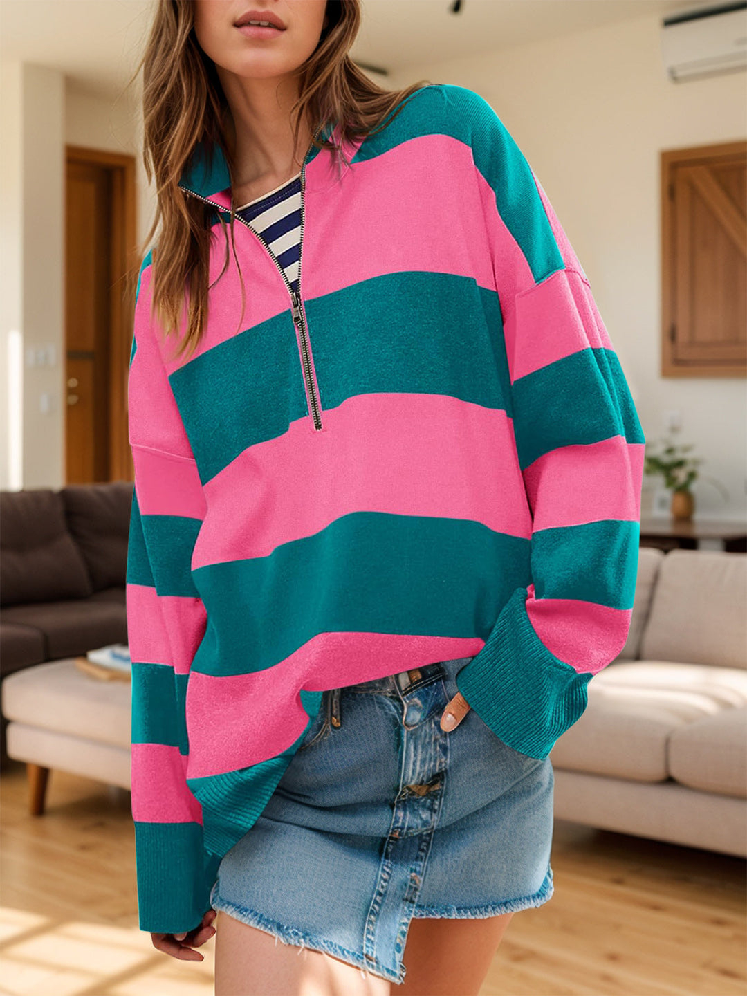 Stilla | Farveblok Sweater Med Lange Ærmer og Halv Lynlås