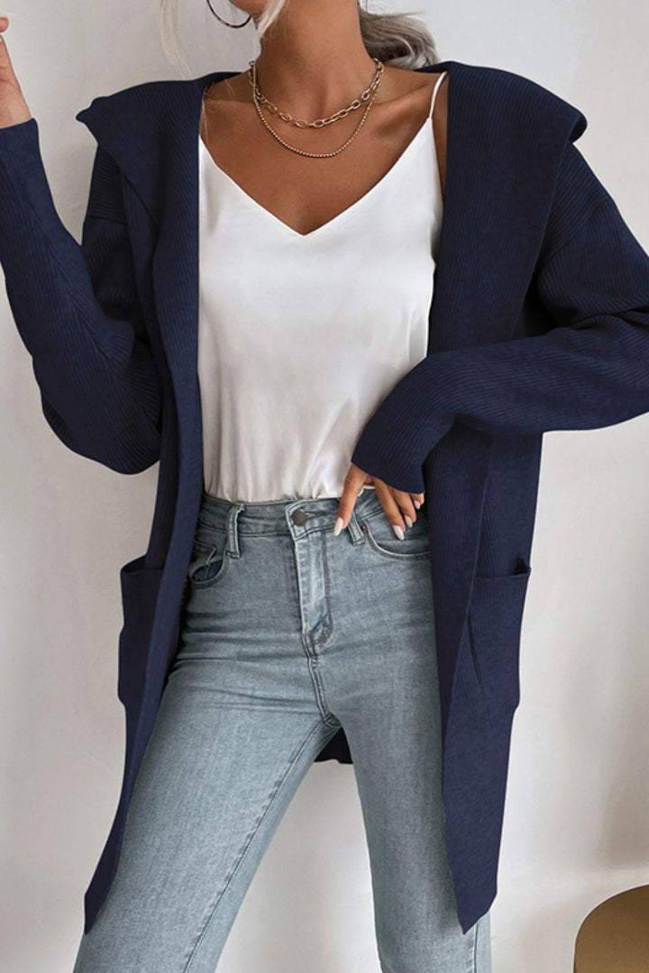 Stilla | ribbet åben-front cardigan med hætte og lommer
