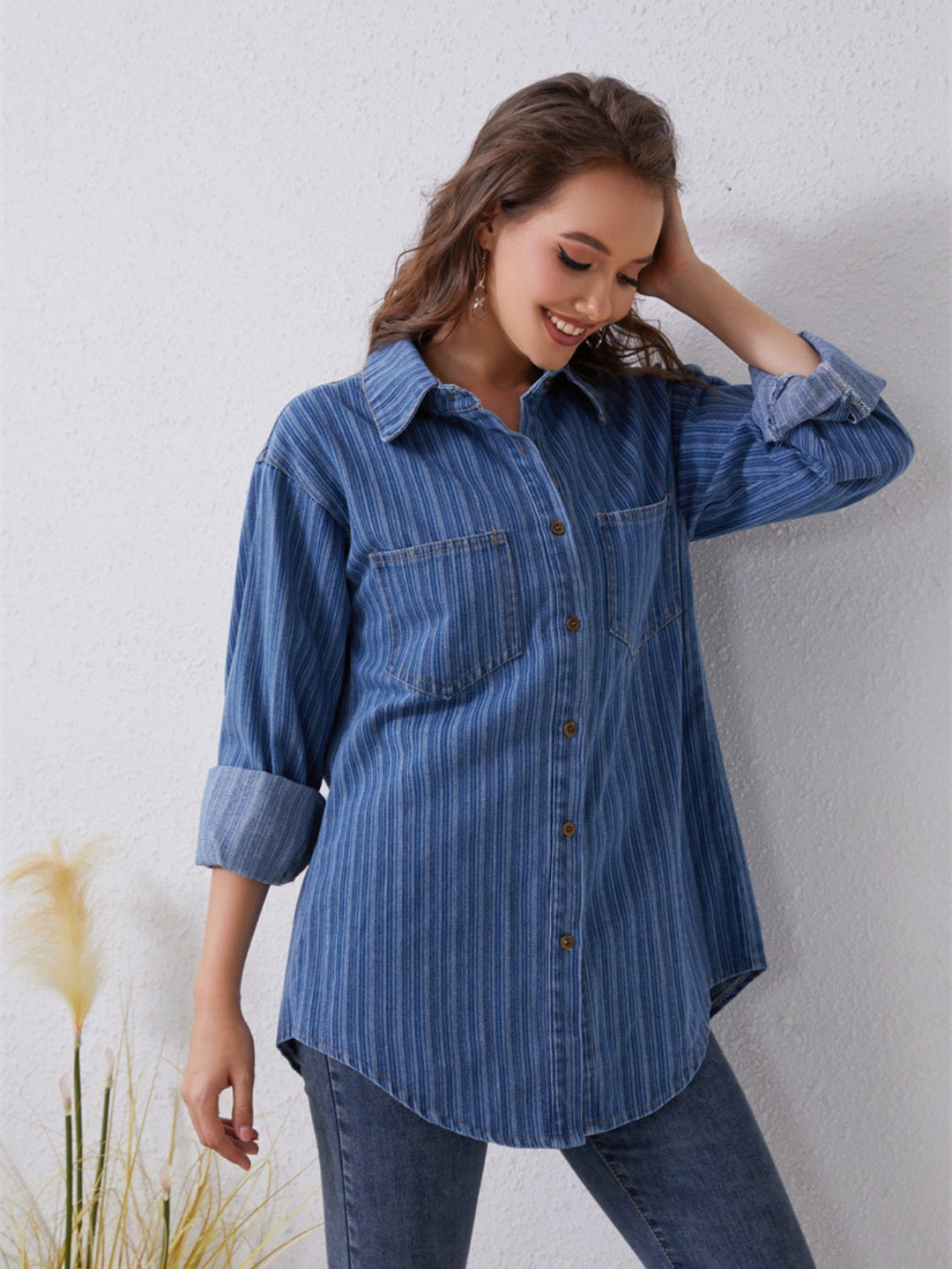 Stilla | Stribet Knap-Up Denim Skjorte