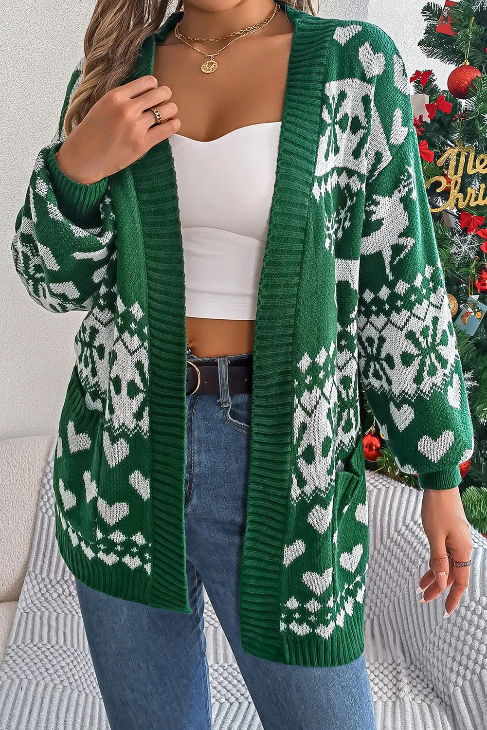 Stilla | Mørkegrøn Jule-Langærmet Cardigan