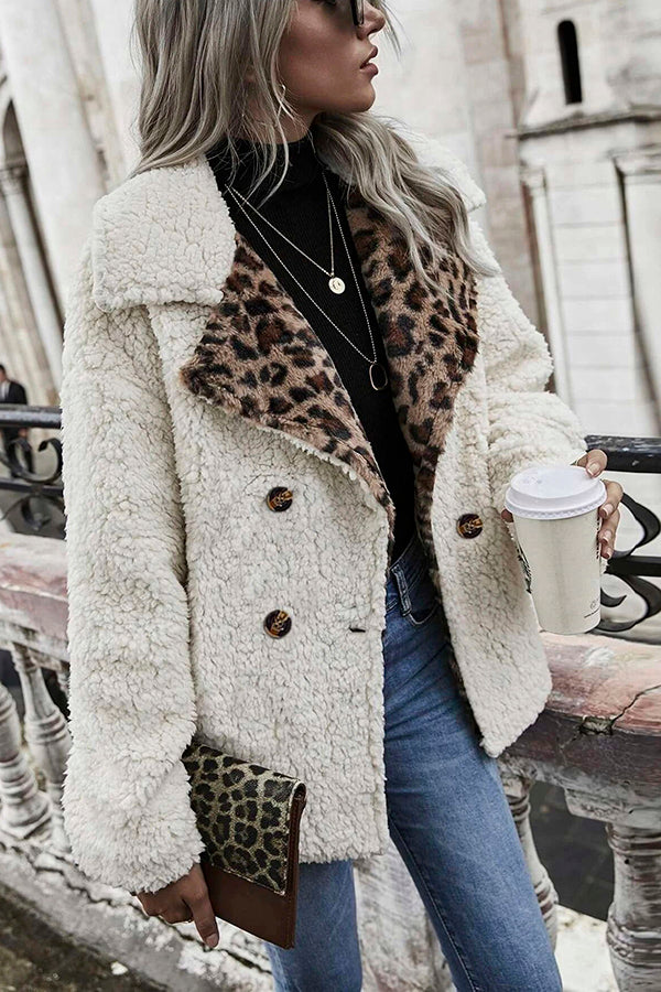Stilla | Oaklynn Leopard Print Dobbeltknap Teddy Frakke