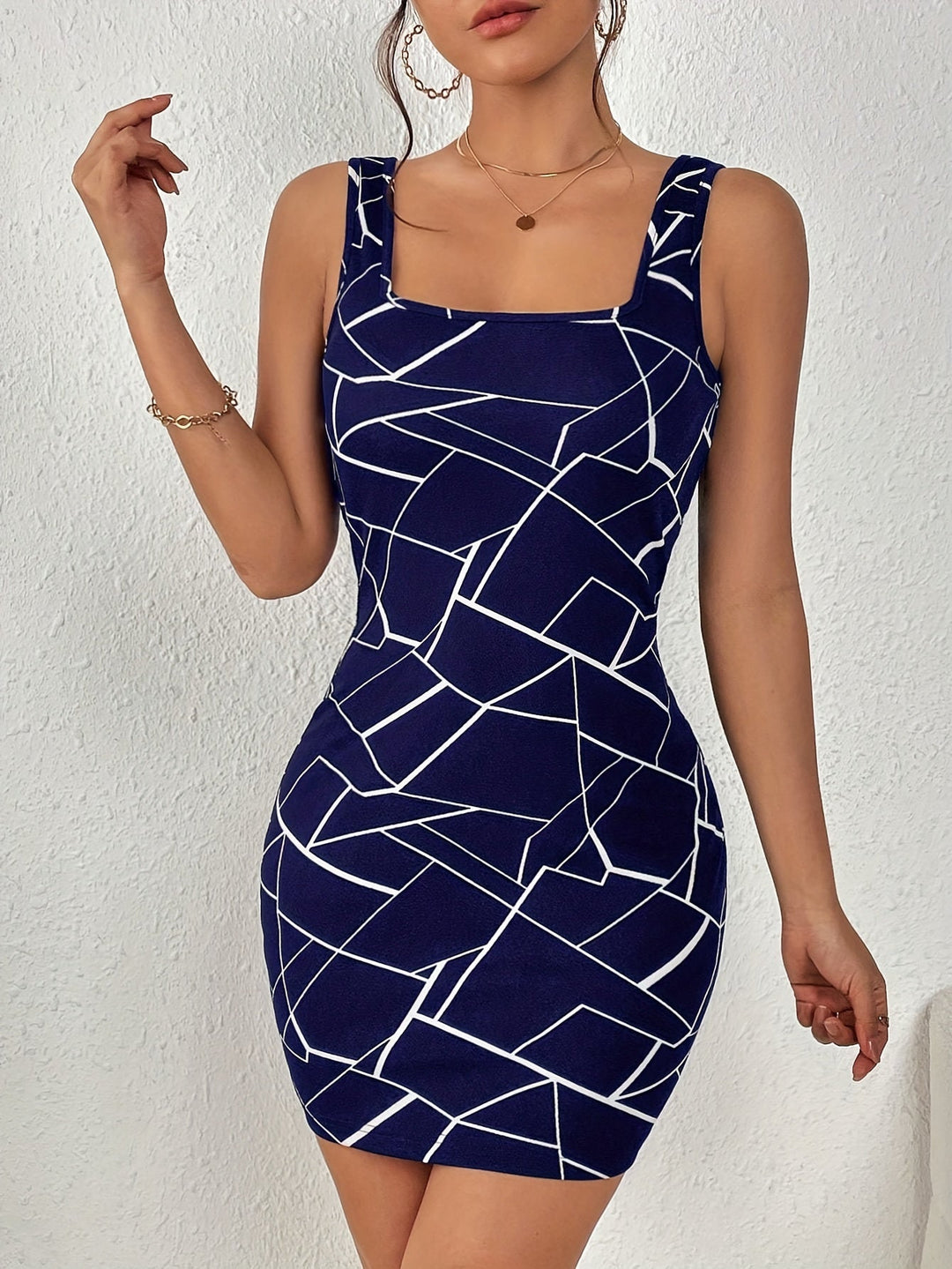 Stilla | Geoprint Mini Bodycon Kjole Til Kvinder, Elegant Tank Kjole
