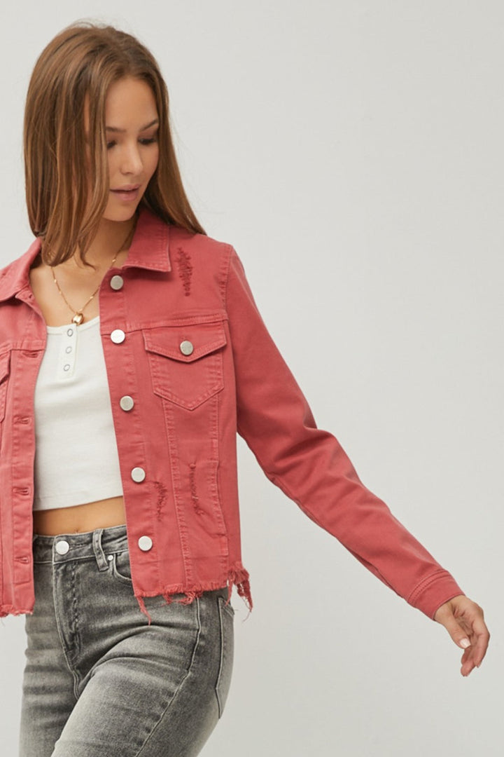Stilla | Raw Hem Knap Op Forkortet Denim Jakke