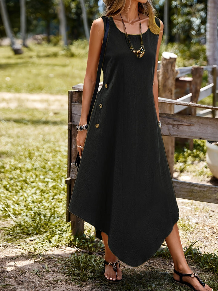 Stilla | Asymmetrisk A-Linje Kjole Uden Ærmer, Dekoreret Med Knapper, Elegant Maxi Kjole