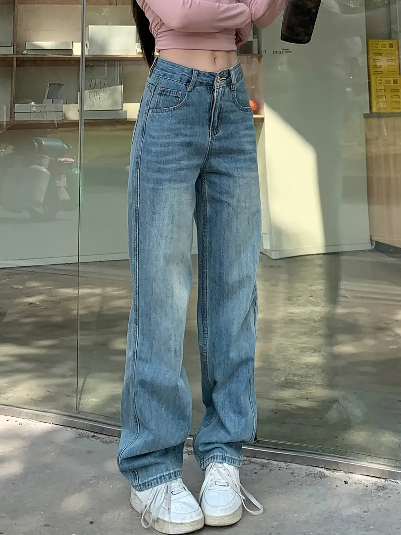 Stilla | Høj Talje Jeans Med Brede Ben Klassisk, Vaskede Denim En Løs Pasform