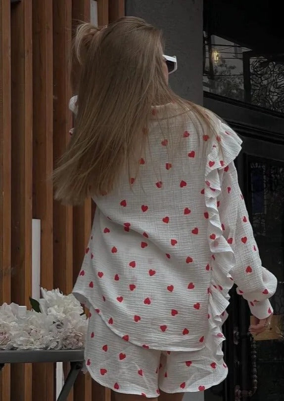 Stilla | Afslappet Sæt med Hjerteprint Blødt Bomuld Romantisk & Komfortabel