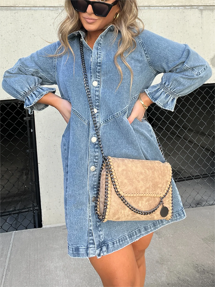 Stilla | Vasket Denimkjole Med Puff Ærmer