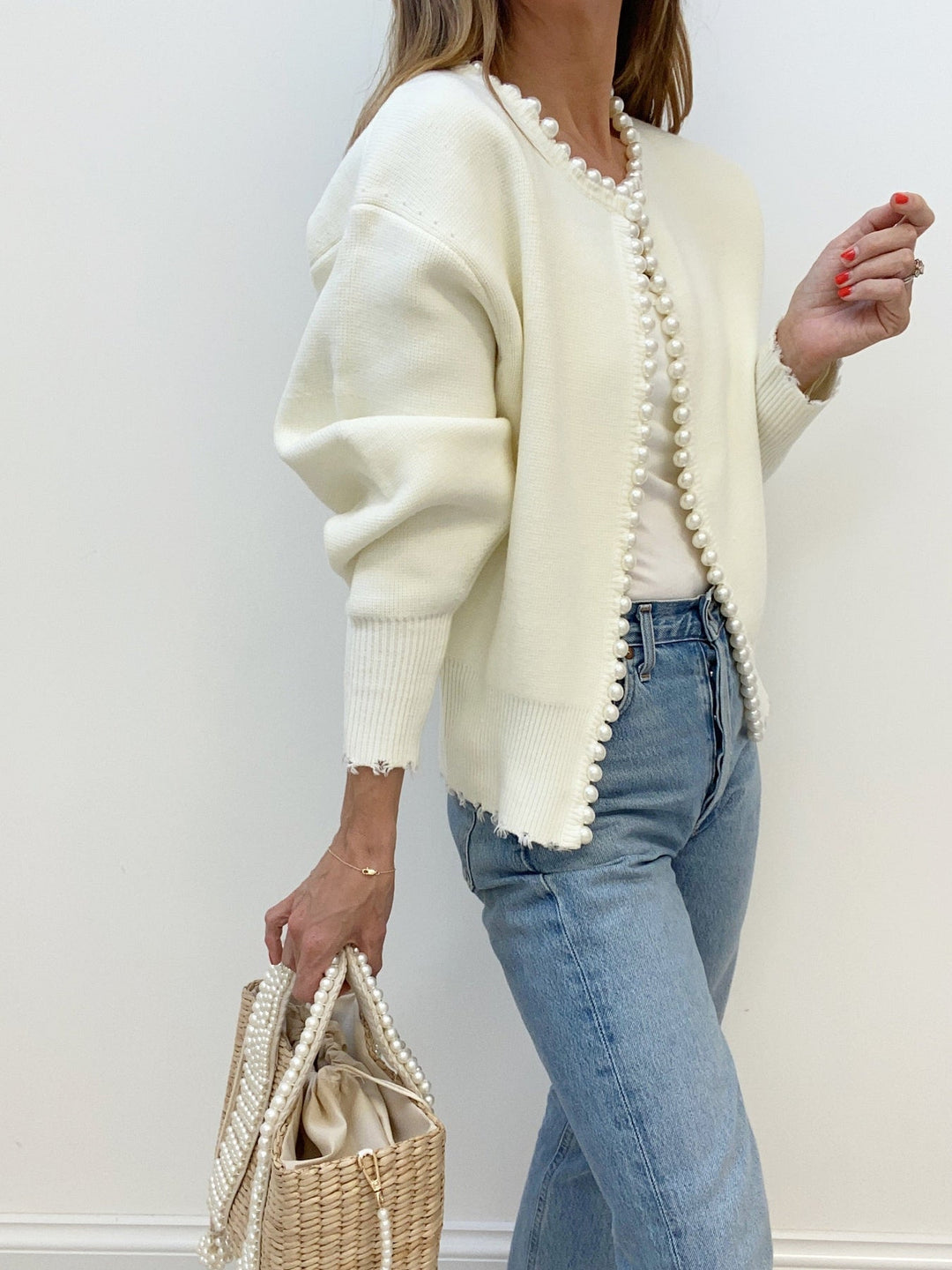 Stilla | Perlekstrikjakke Med Frynset Kant