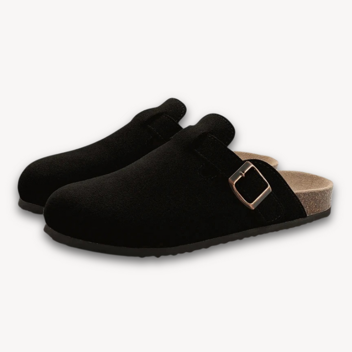 Stilla | Kvinders Træsko Suede Slip on Muler Med Justerbar Spænde Kork Fodbed