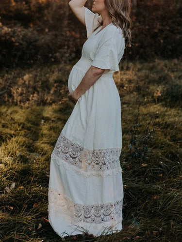 Stilla | Lang Kjole Premaman Fotoshoots Flæser Elegante Boheme Blonde Flydende Uden Ryg Gravid
