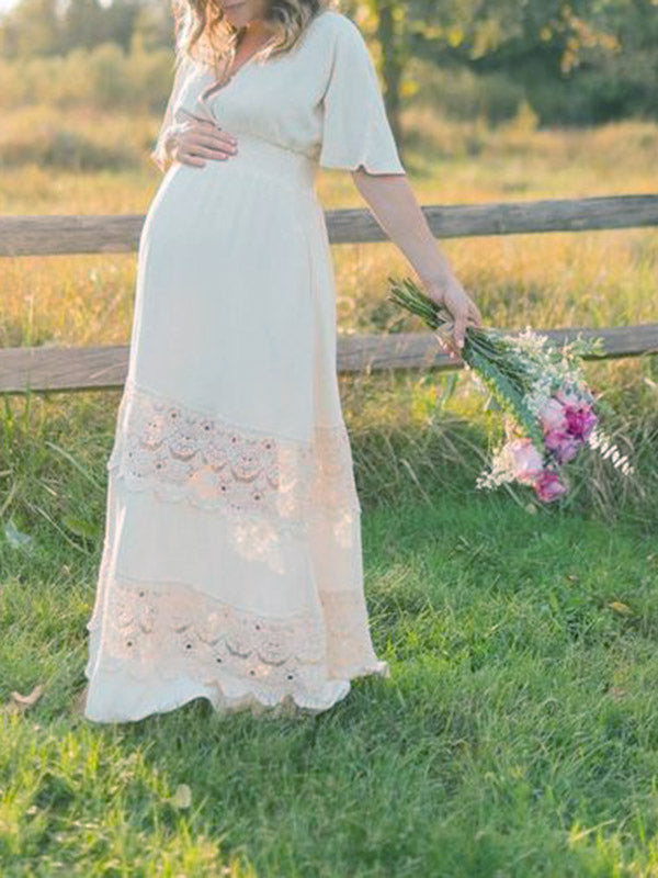 Stilla | Lang Kjole Premaman Fotoshoots Flæser Elegante Boheme Blonde Flydende Uden Ryg Gravid