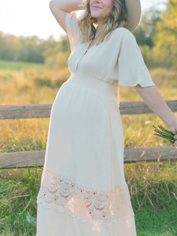 Stilla | Lang Kjole Premaman Fotoshoots Flæser Elegante Boheme Blonde Flydende Uden Ryg Gravid