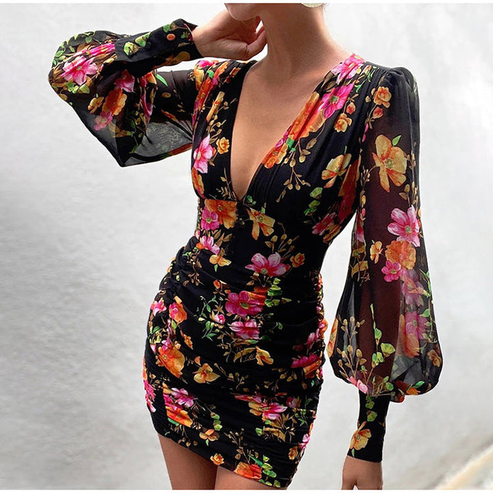 Stilla | Deep V-hals Lange Ærme Blomster Mini Kjole