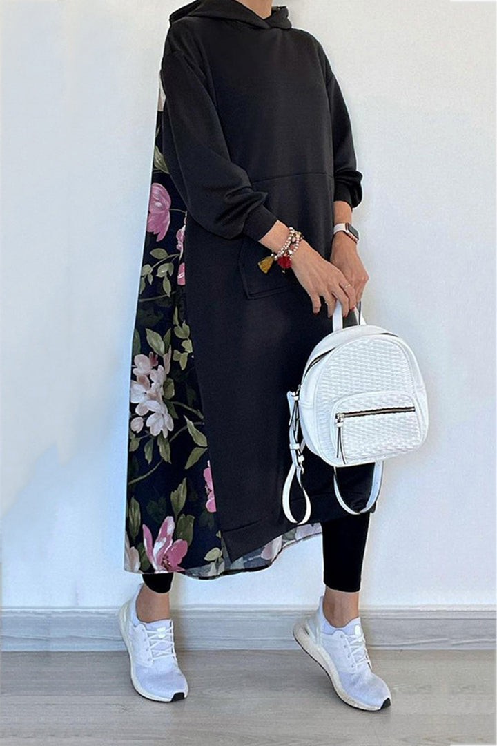 Stilla | Sweatshirt med lange ærmer i bomulds patchworkstil med blomstertryk på ryggen