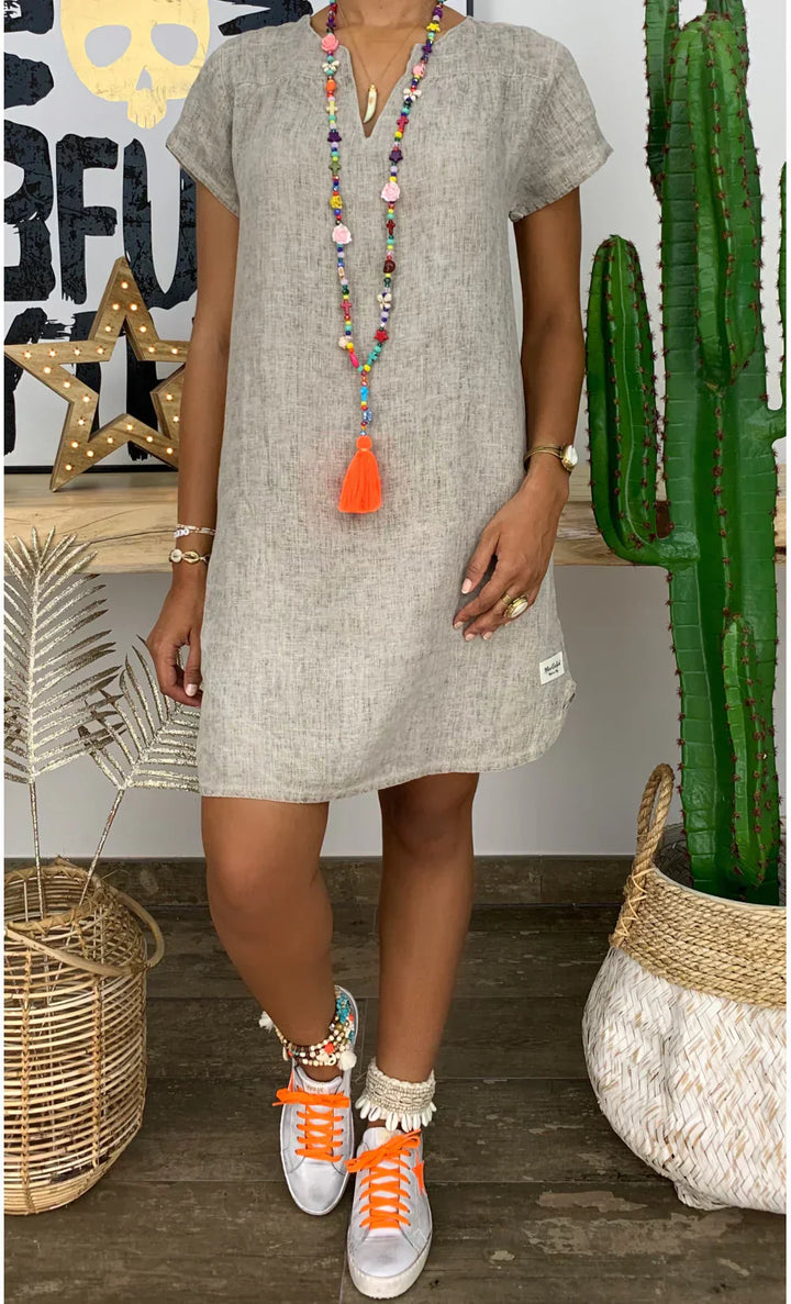 Stilla | Basic Løs Pasform V-hals Kjole I Ensfarvet Bomuldslinned