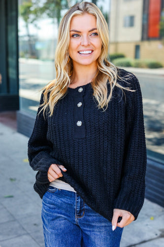 Stilla | Casual Living Bred Sort Henley Pullover Med Knapper Af Strik