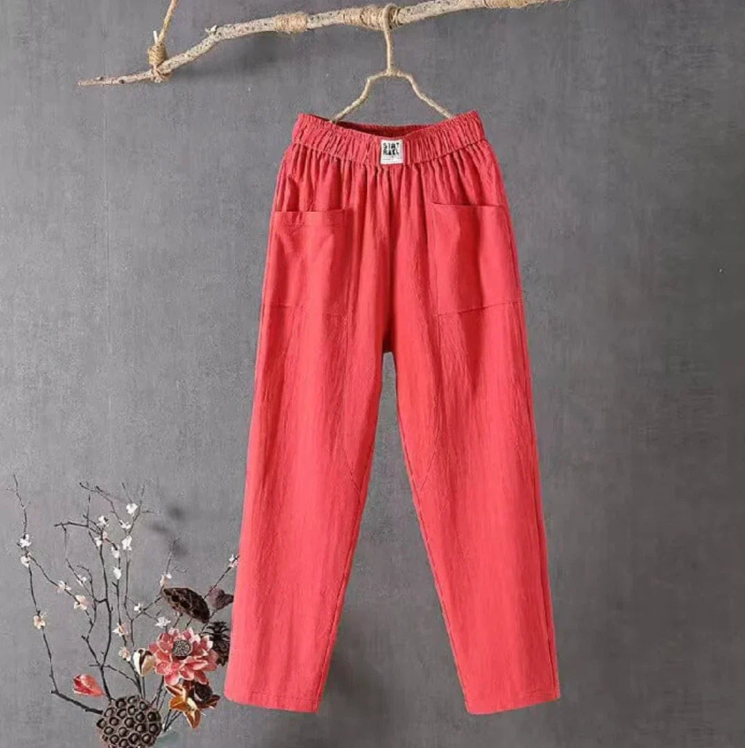 Stilla | Behagelig bomulds-linned-bukser med elastisk talje