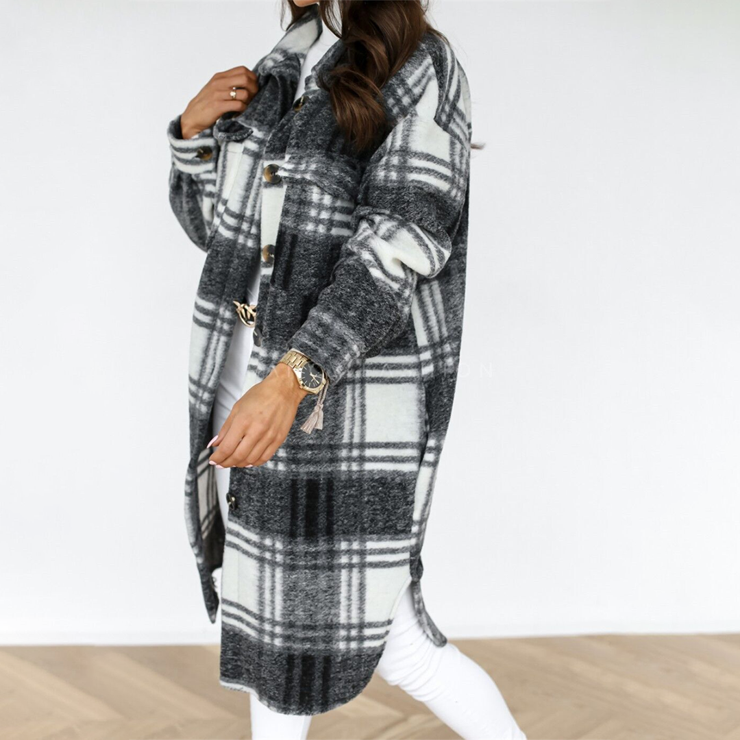Stilla | Frakke – Ternet plaid med knaplukning