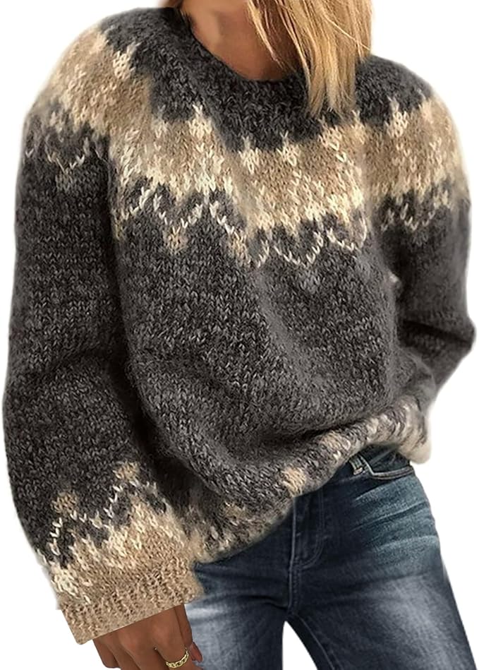 Stilla | Årgang Fair Isle Trøje Overstørrelse, Blødt Fleece, Lange Ærmer, Varm Crewneck