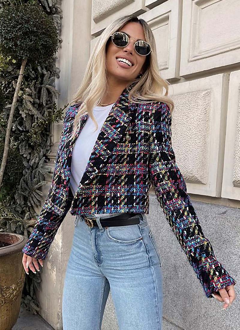 Stilla | Klassisk Tjekket Blazer Til Dame, Kort Jakkesætjakke