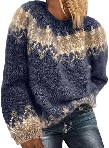 Stilla | Årgang Fair Isle Trøje Overstørrelse, Blødt Fleece, Lange Ærmer, Varm Crewneck