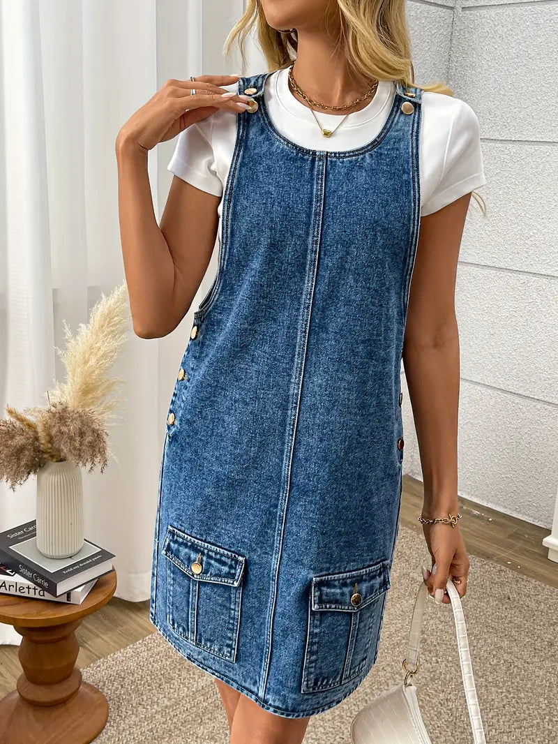 Stilla | Løs Denimkjole Til Sommer Denim Mini Kjole Uden Ærmer A-Facon Med Knaplukning Og Lommer