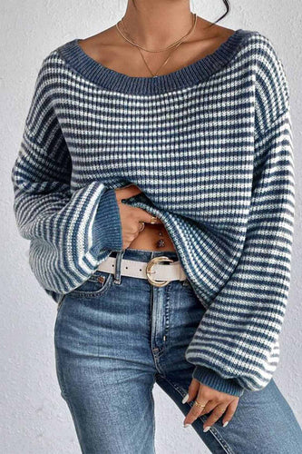 Stilla | Stribet Pullover Med Bådhals og Faldende Skuldre