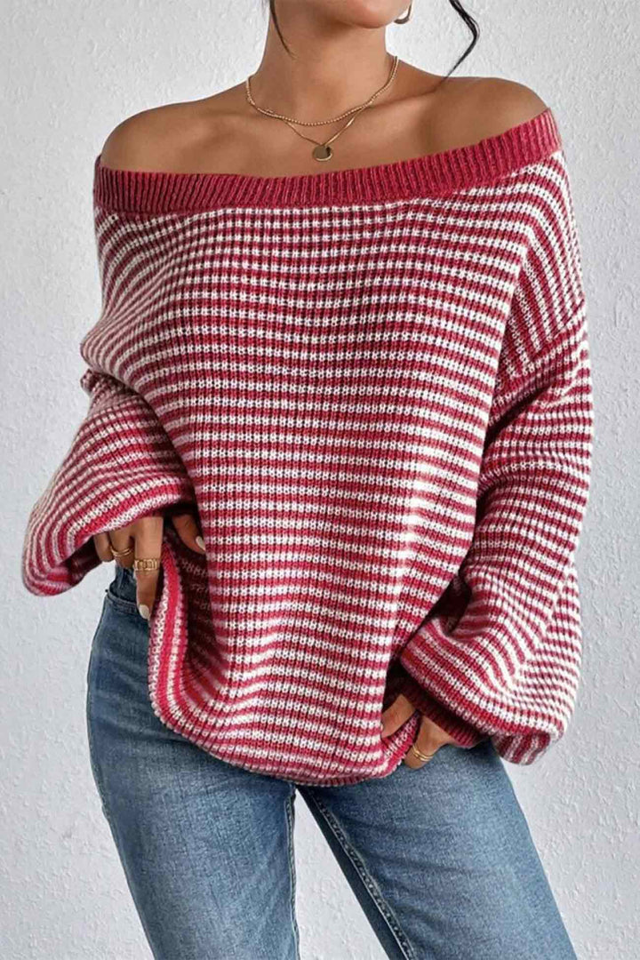 Stilla | Stribet Pullover Med Bådhals og Faldende Skuldre