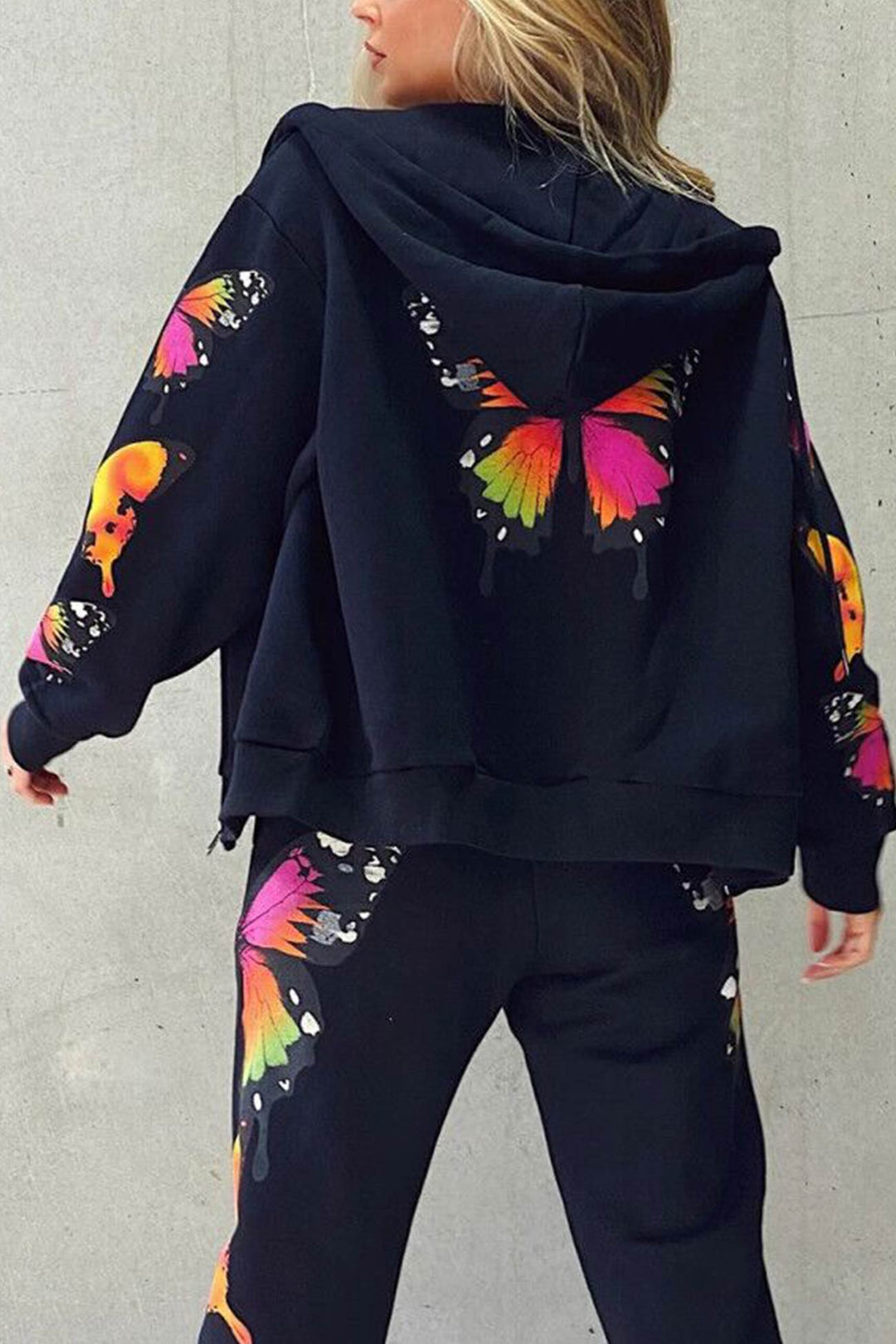 Stilla | Hættezip-sweatshirt med lynlås og sommerfugletryk
