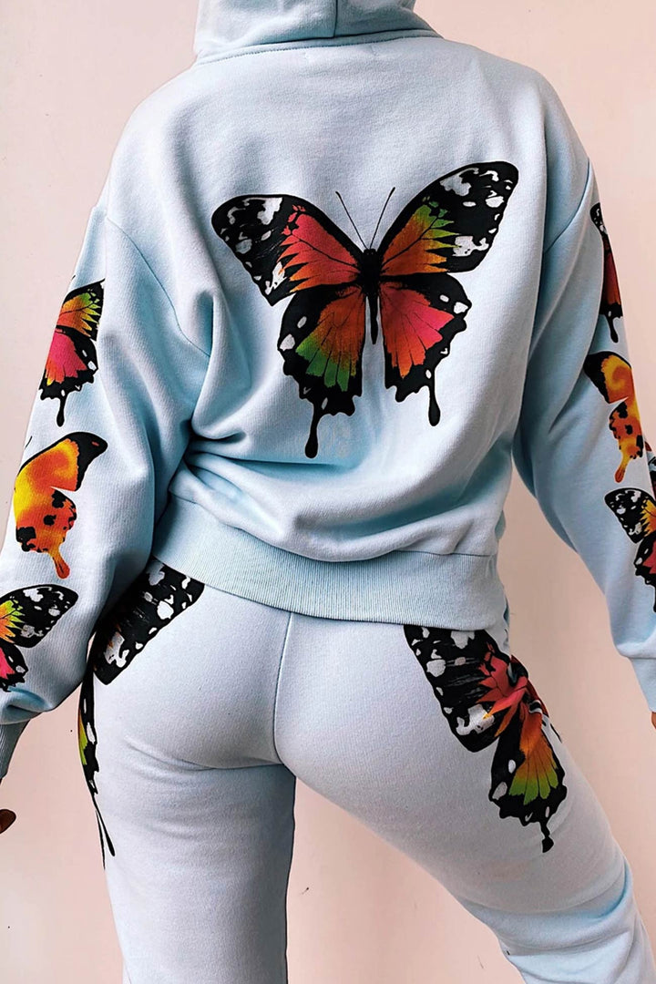 Stilla | Hættezip-sweatshirt med lynlås og sommerfugletryk