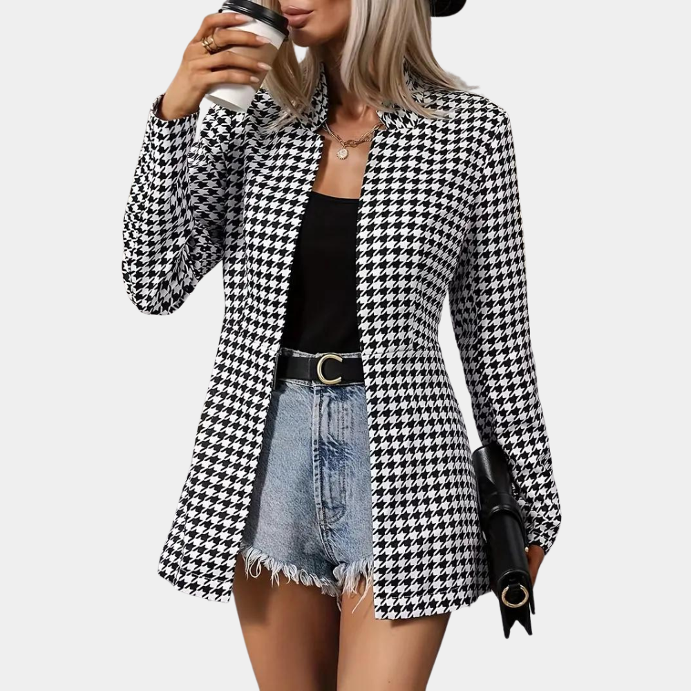 Stilla | Hahnentrit Blazer - Lang skåret - Åben front - Struktureret krave - Smart casual tøj