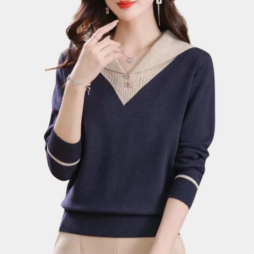 Stilla | Elegant Damepullover Med V-udskæring Og Unikke Patchwork Accenter