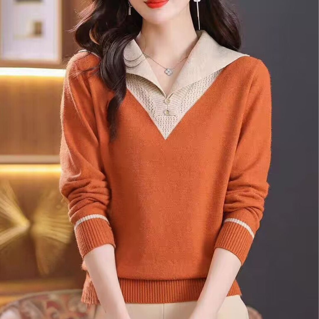 Stilla | Elegant Damepullover Med V-udskæring Og Unikke Patchwork Accenter