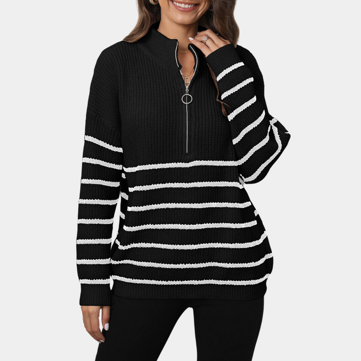 Stilla | Løs Stribet Pullover Med Halv Lynlås Til Damer