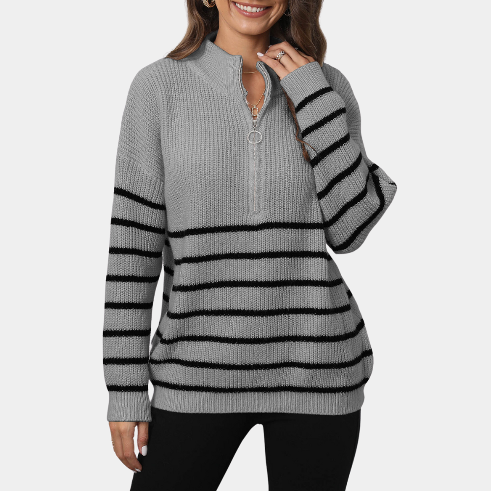 Stilla | Løs Stribet Pullover Med Halv Lynlås Til Damer