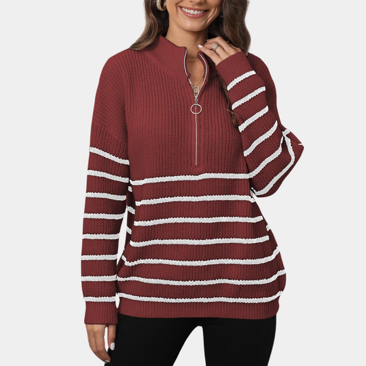 Stilla | Løs Stribet Pullover Med Halv Lynlås Til Damer
