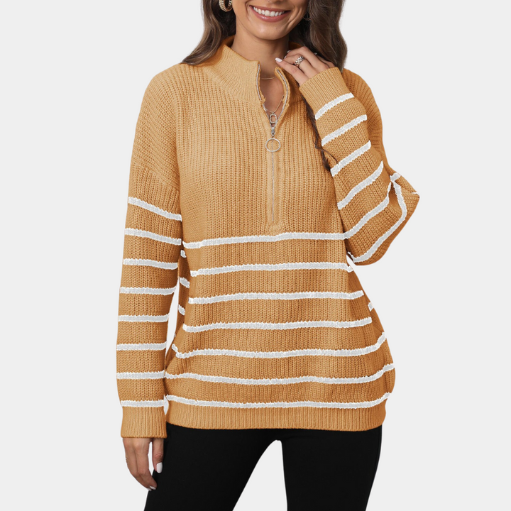 Stilla | Løs Stribet Pullover Med Halv Lynlås Til Damer