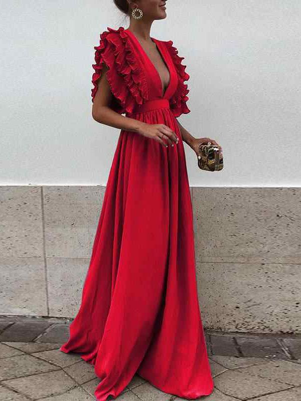 Stilla | Lange Graviditetskjole Uden Ryg Med Flydende Flæser Med V-hals Til Aften Gravid Kvinde