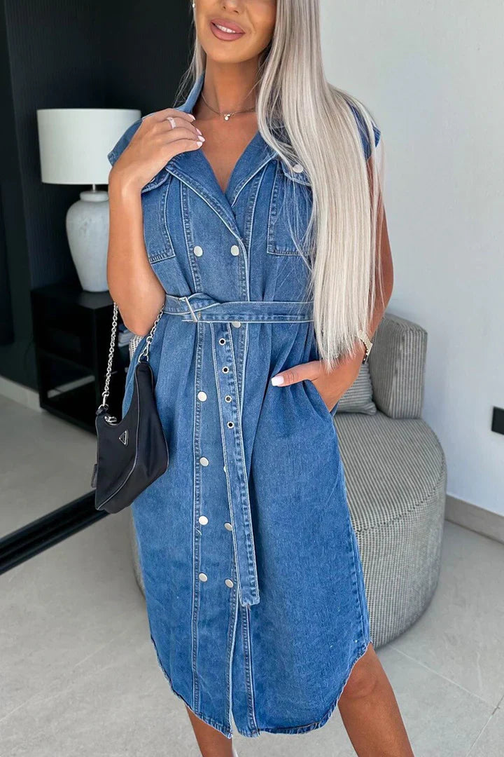 Stilla | Denim Kjole Med Dobbelt Knaplukning og Korte Ærmer