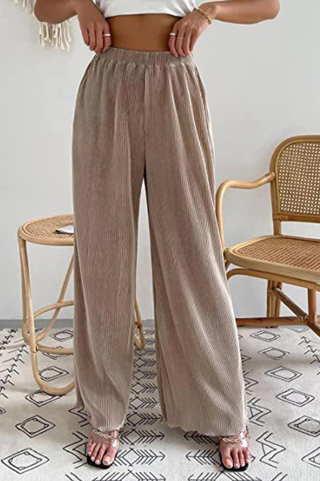 Stilla | Behagelig, Langbenet, Bred Skåret Bukser Med Elastisk Talje i Ensfarvet