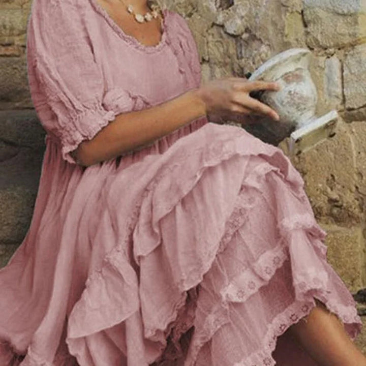 Stilla | Linned Maxi Kjole Med Bomuldsflæser I Vintage Stil