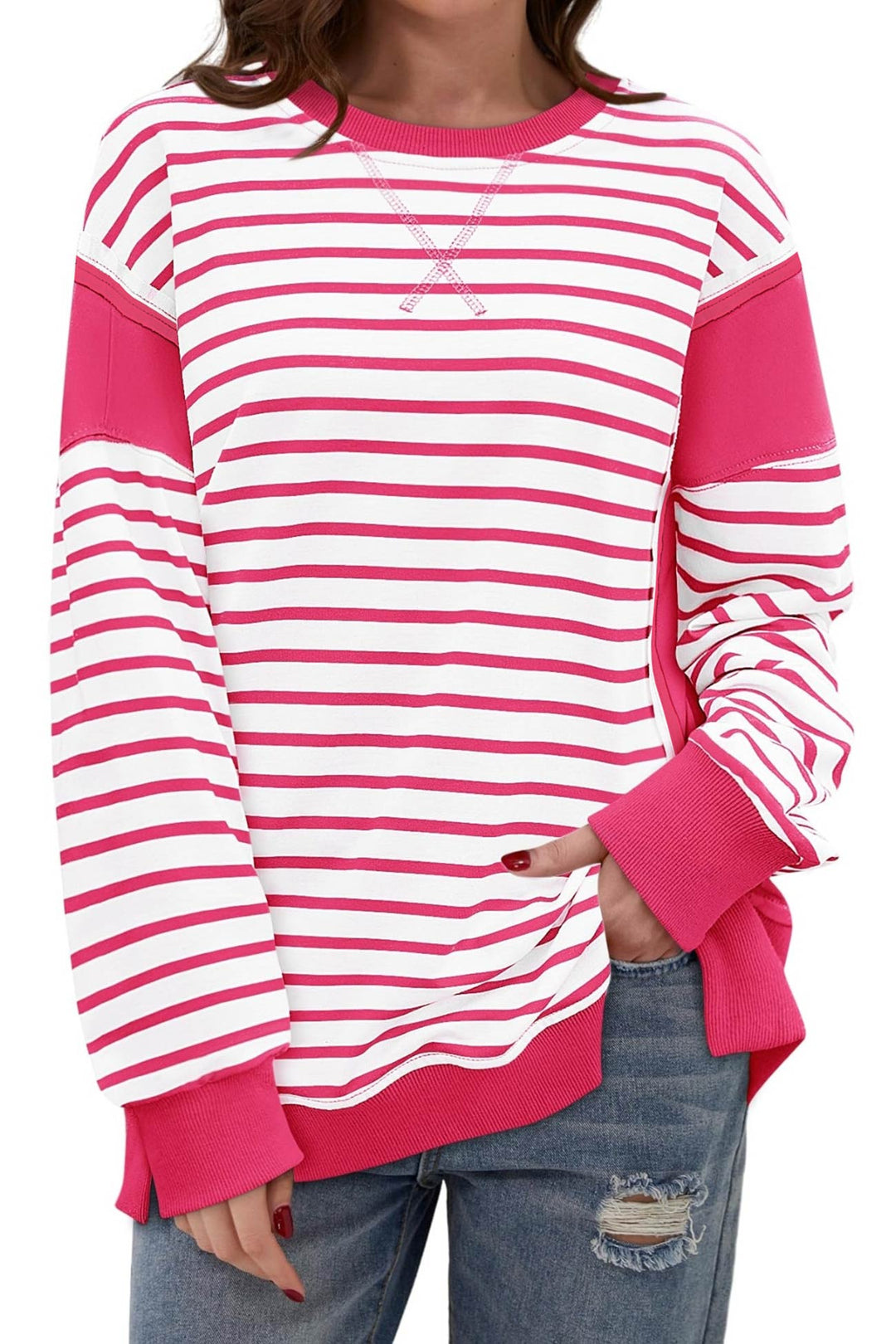 Stilla | Svedtrøje Rund hals Patchwork Stribet